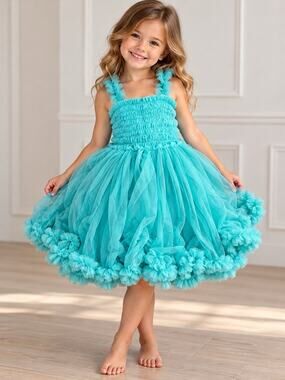 RuffleButts Girls 4T-5 Aqua Blue Tutu Dress Ruffled Tulle Party Birthday
